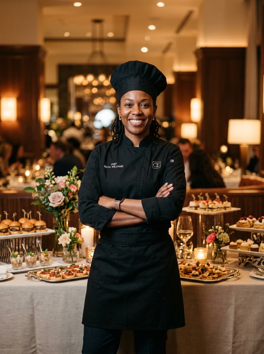 A chef standing in front of a catering spread