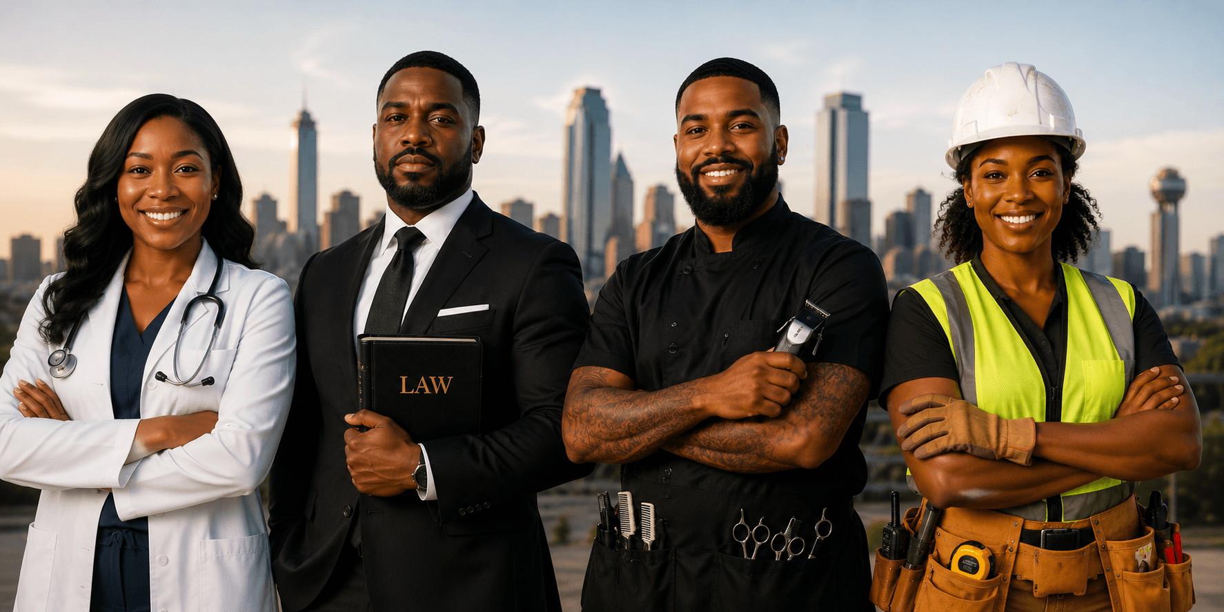 A doctor, a lawyer, a barber and a contractor standing together in front of a city skyline